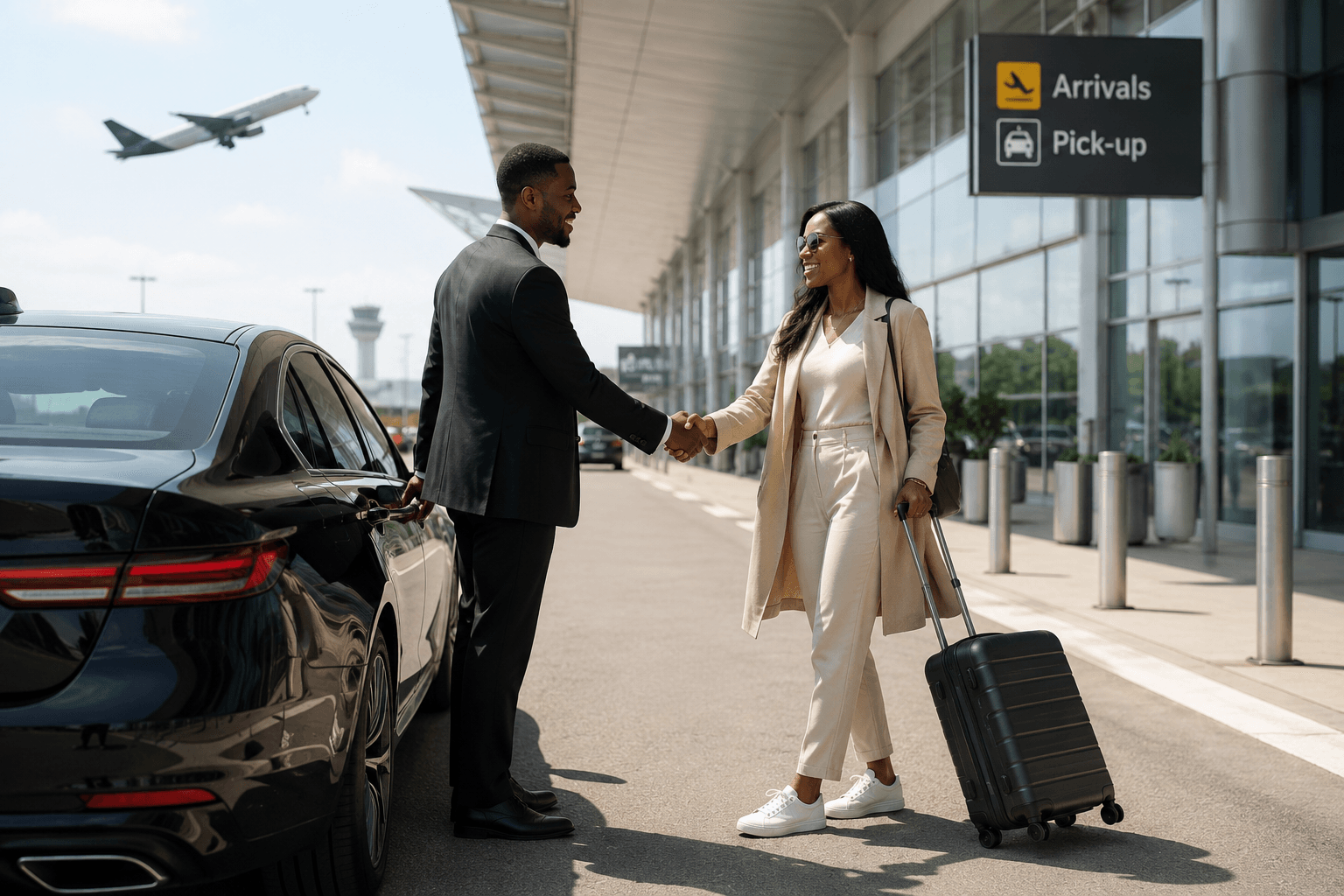Qwikab chauffeur greeting a traveler with a handshake at airport arrivals